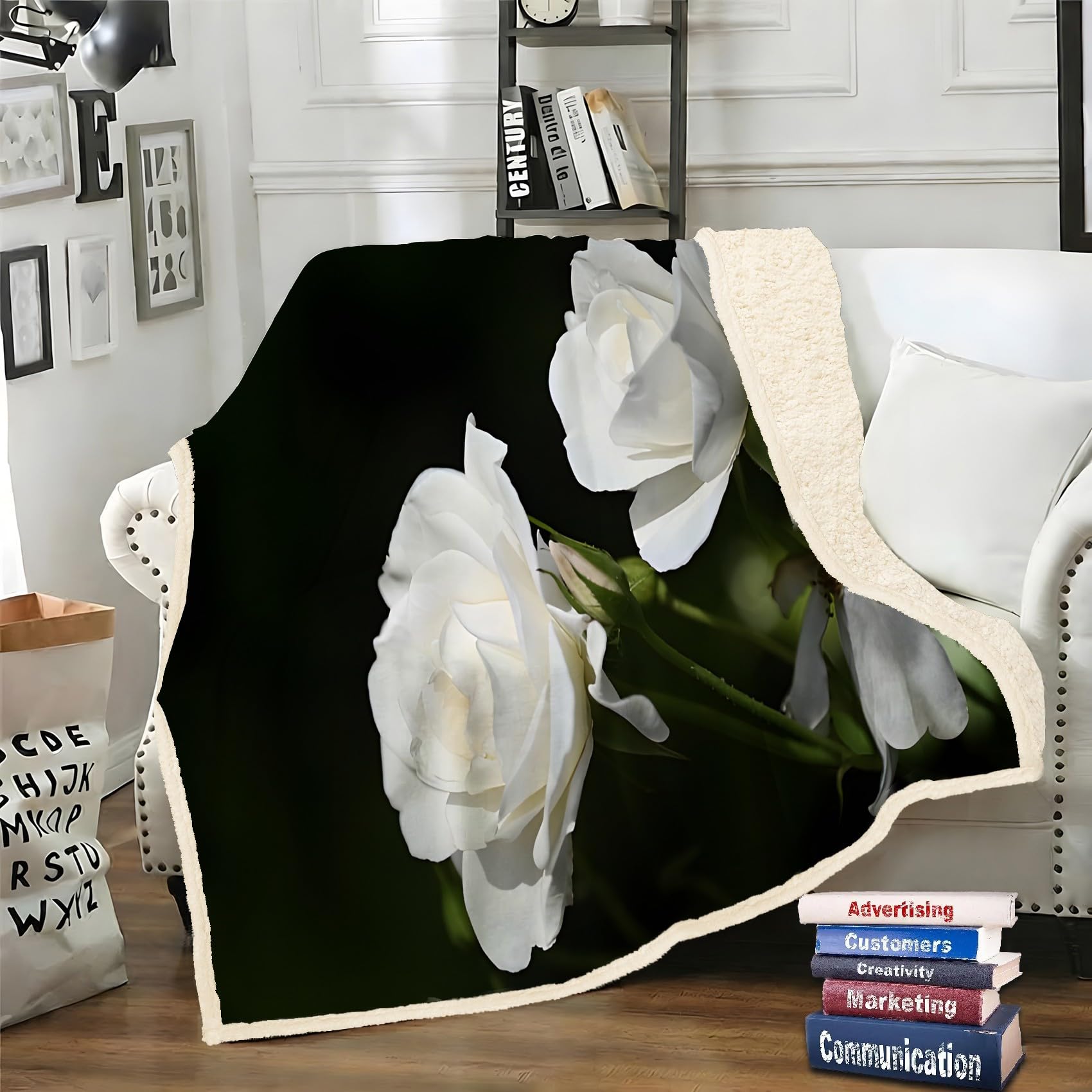 LLSZAHD White Rose Sherpa Throw Flowers Soft and Fluffy Fleece Throw Blanket, Cozy Bed Throw for Sofa, Armchair or Travel, 130 x 170 cm