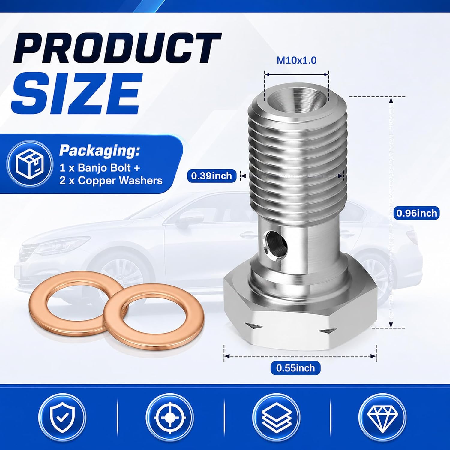 M10x1.0 Metric Banjo Bolt,Stainless Steel Brake Line Fitting Adapter with Leak Proof Sealing,High Strength Bolts Kit with 2 Copper Washers for Master Cylinder/Caliper/Clutch System