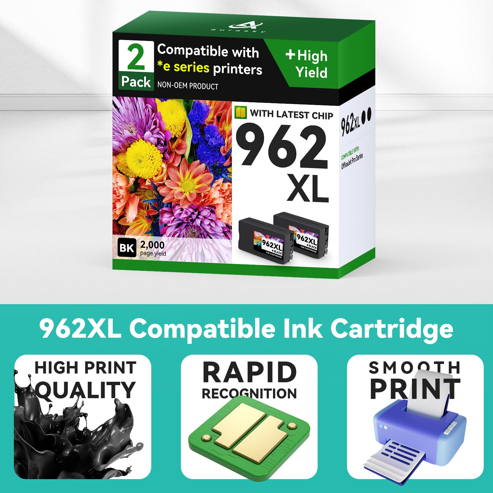 962XL Remanufactured Ink Cartridges Combo Pack Compatible for HP 962 XL HP962XL Black Replacement for HP OfficeJet Pro 9010e 9012e 9014e 9015e 9018e 9019e 9020e 9022e 9025e 9028e Series (2 Pack)
