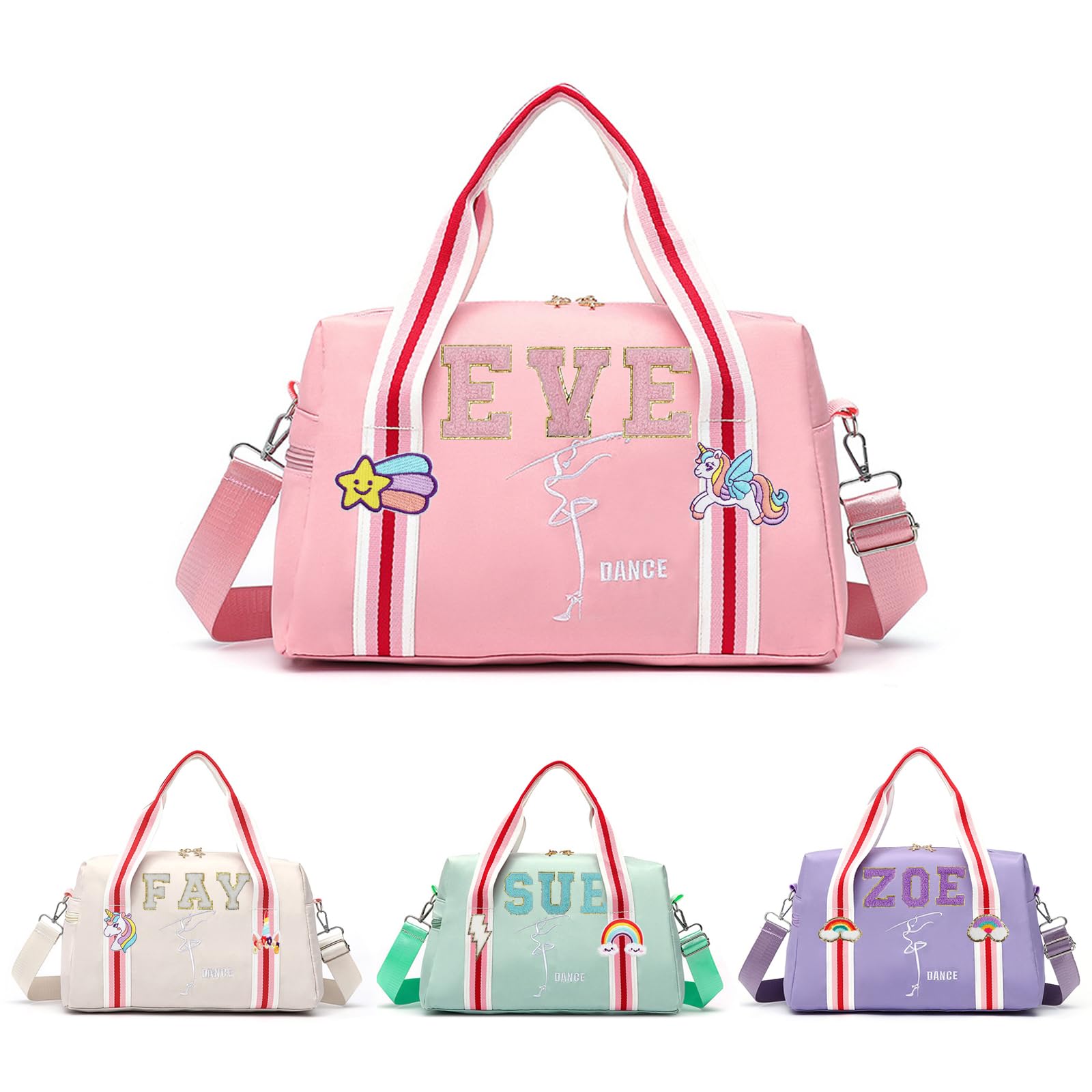ELULAE Personalized Kids Dance Ballet Bag, Chenille Letter Duffel Bag, Pink, 13.7 x 6.2 x 8.6 inches