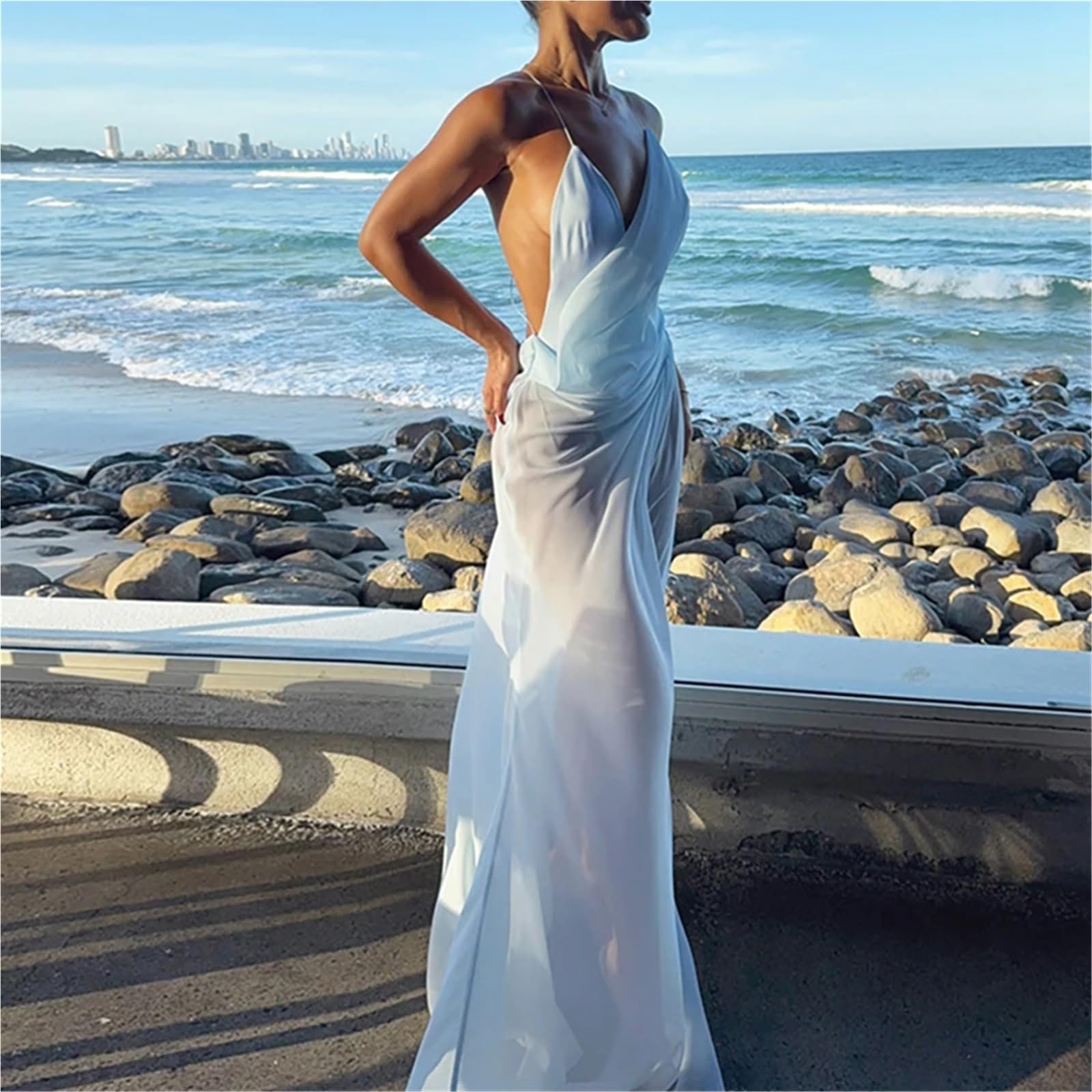 Vestido de Playa Casual sin Espalda Vestidos Fiesta Sexy Mujer Largo Verano Ahueca hacia Fuera la Correa Mangas