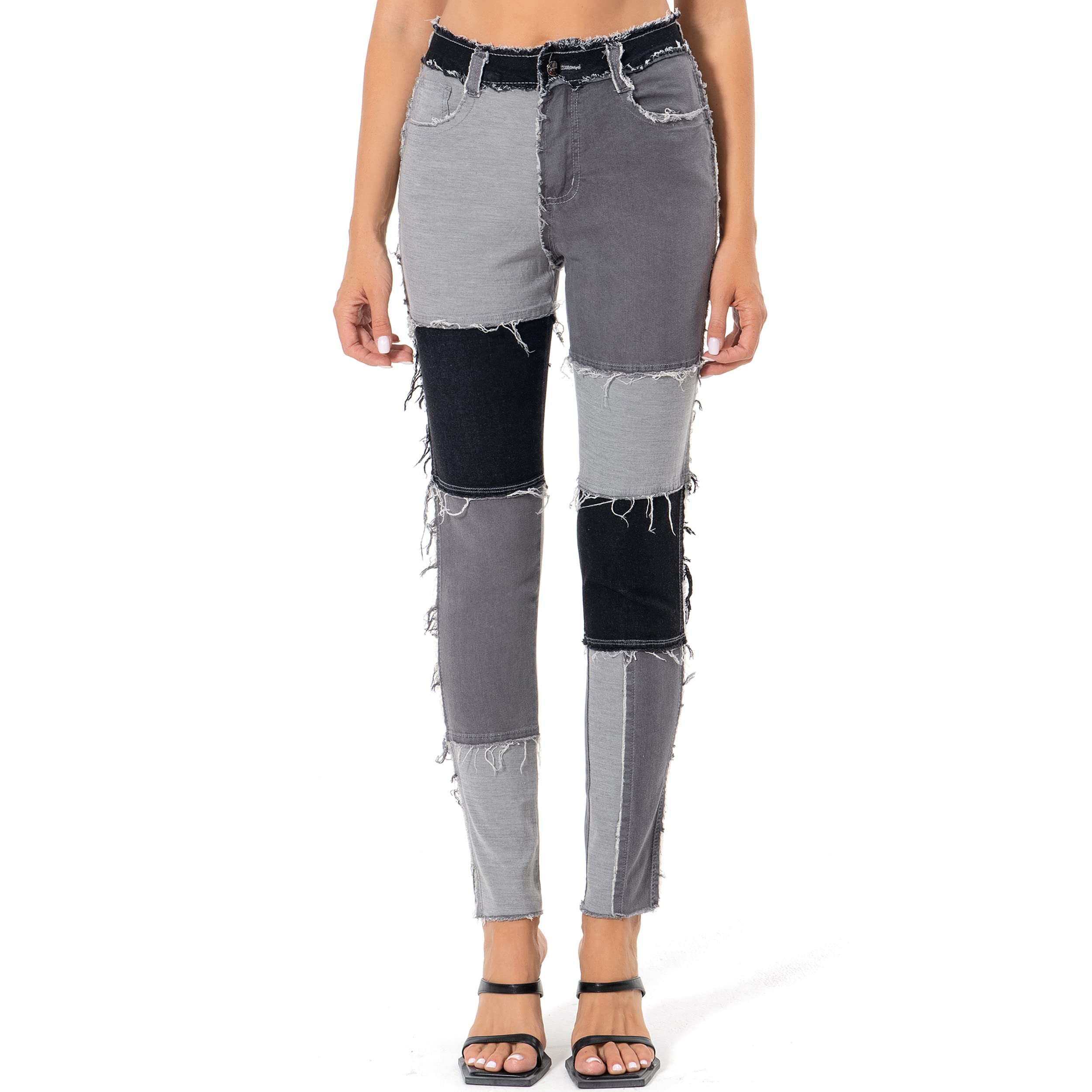 LAMLUCKWomen's High Waisted Skinny Stretch Patchwork Ripped Jeans Distressed Destroyed Comfy Tapered Fit Denim Jeggings