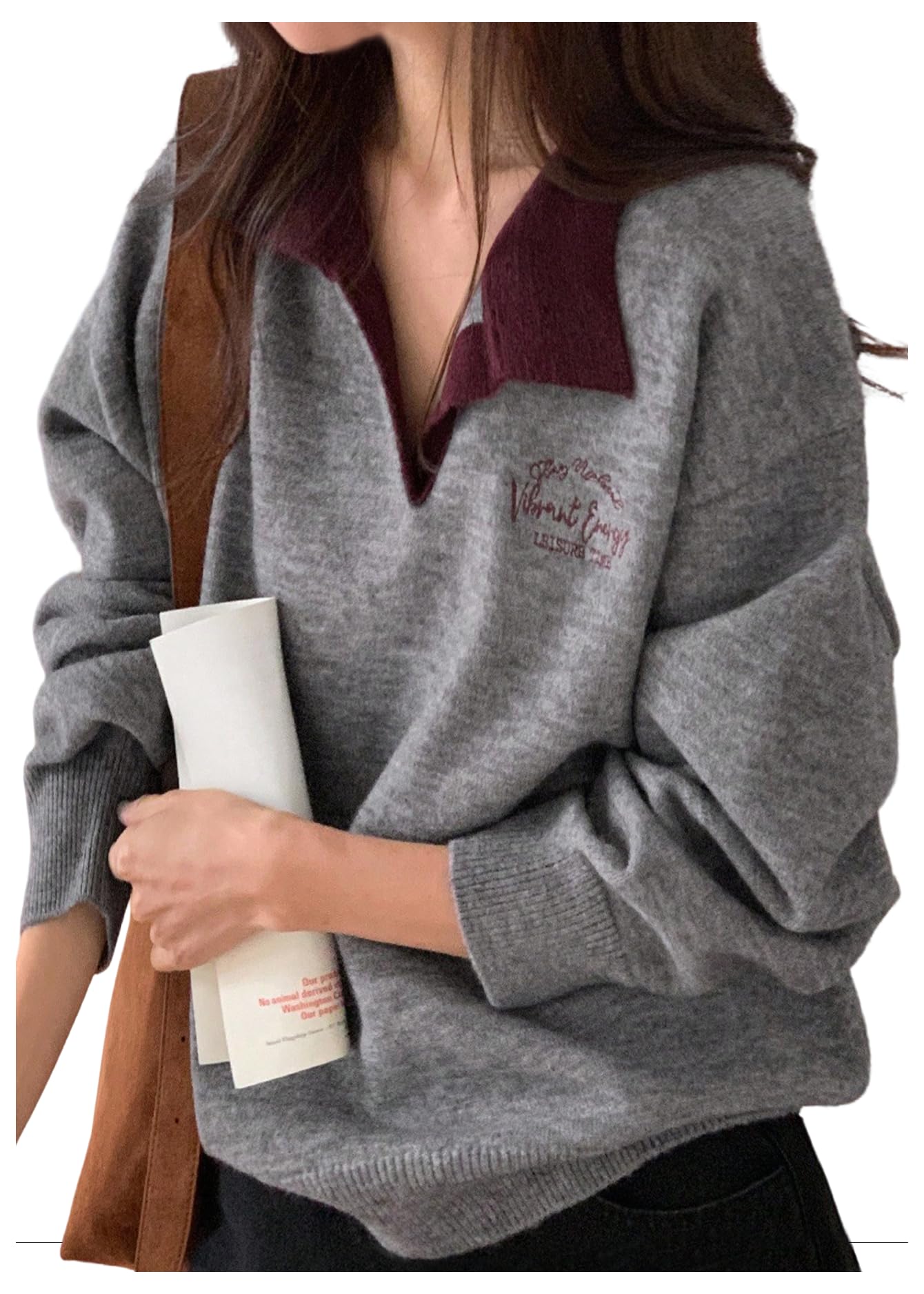 GORGLITTER Womens V Neck Long Sleeve Pullover Sweaters Fall Color Block Collared Embroidered Loose Oversized Sweater