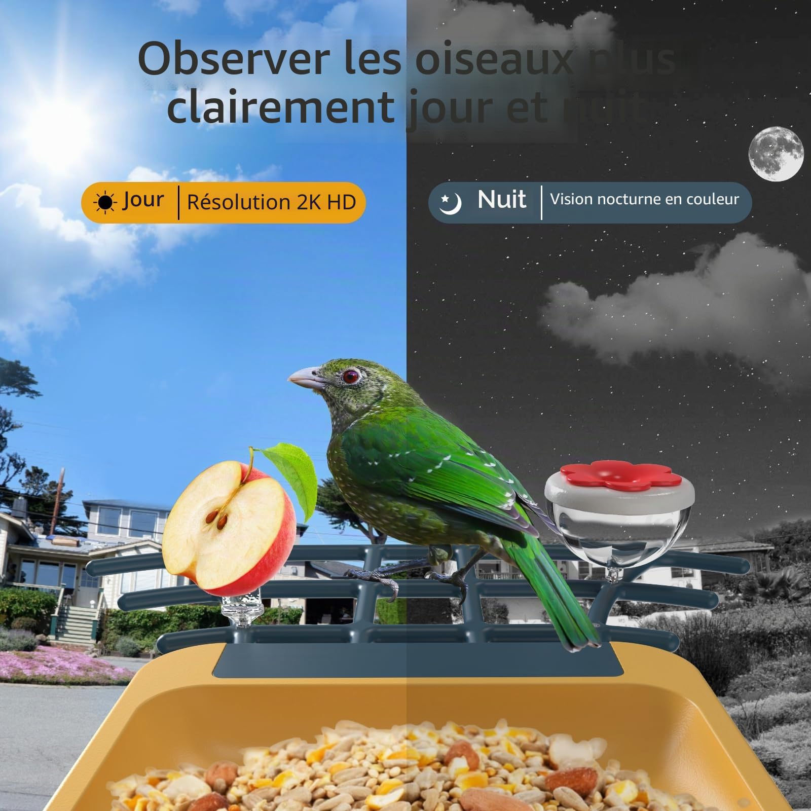 Mangeoire à oiseaux avec caméra – Caméra intelligente avec identification des espèces d'oiseaux, enregistrement automatique des vidéos des oiseaux, notifications instantanées, caméra vidéo 2K