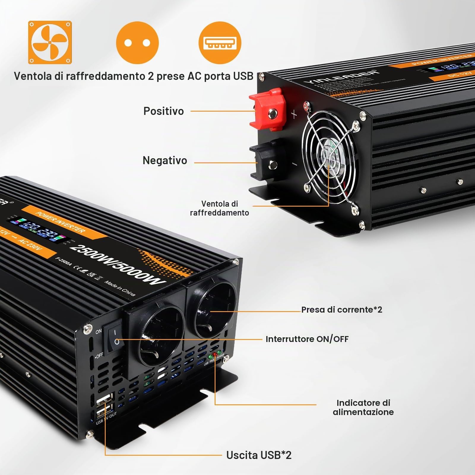 Yinleader Inverter 12V 230V 2500W Convertitore di Potenza con Display LCD 2 Prese AC per Pannelli Solari Auto RV
