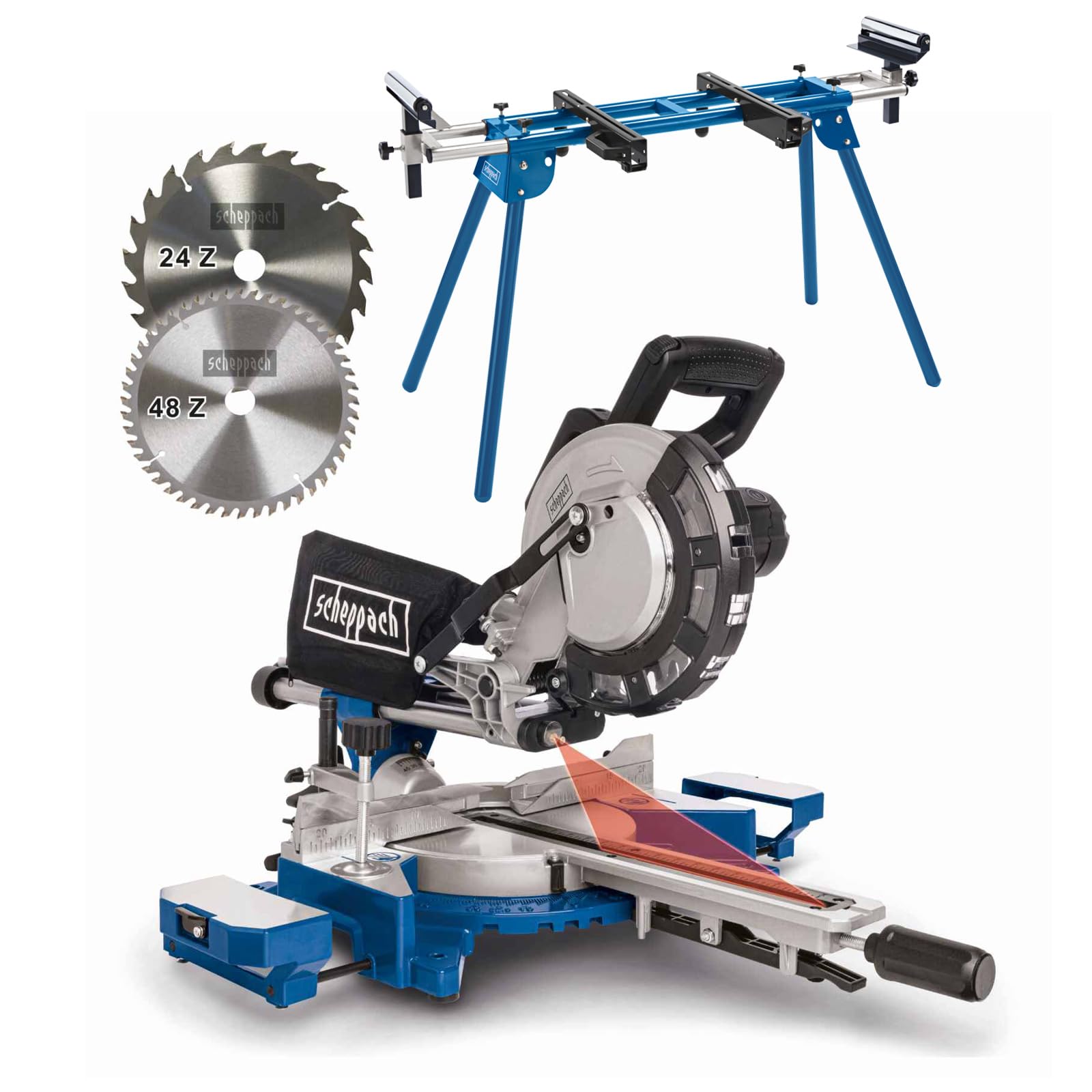 Scheppach HM216L 8" Sliding Mitre Saw & UMF1600 Tool Stand, 216mm Blade, 2000W, 340mm Cross Cut, 45° Bevel, 2 TCT Blades 24T/48T, Wood DIY Workshop