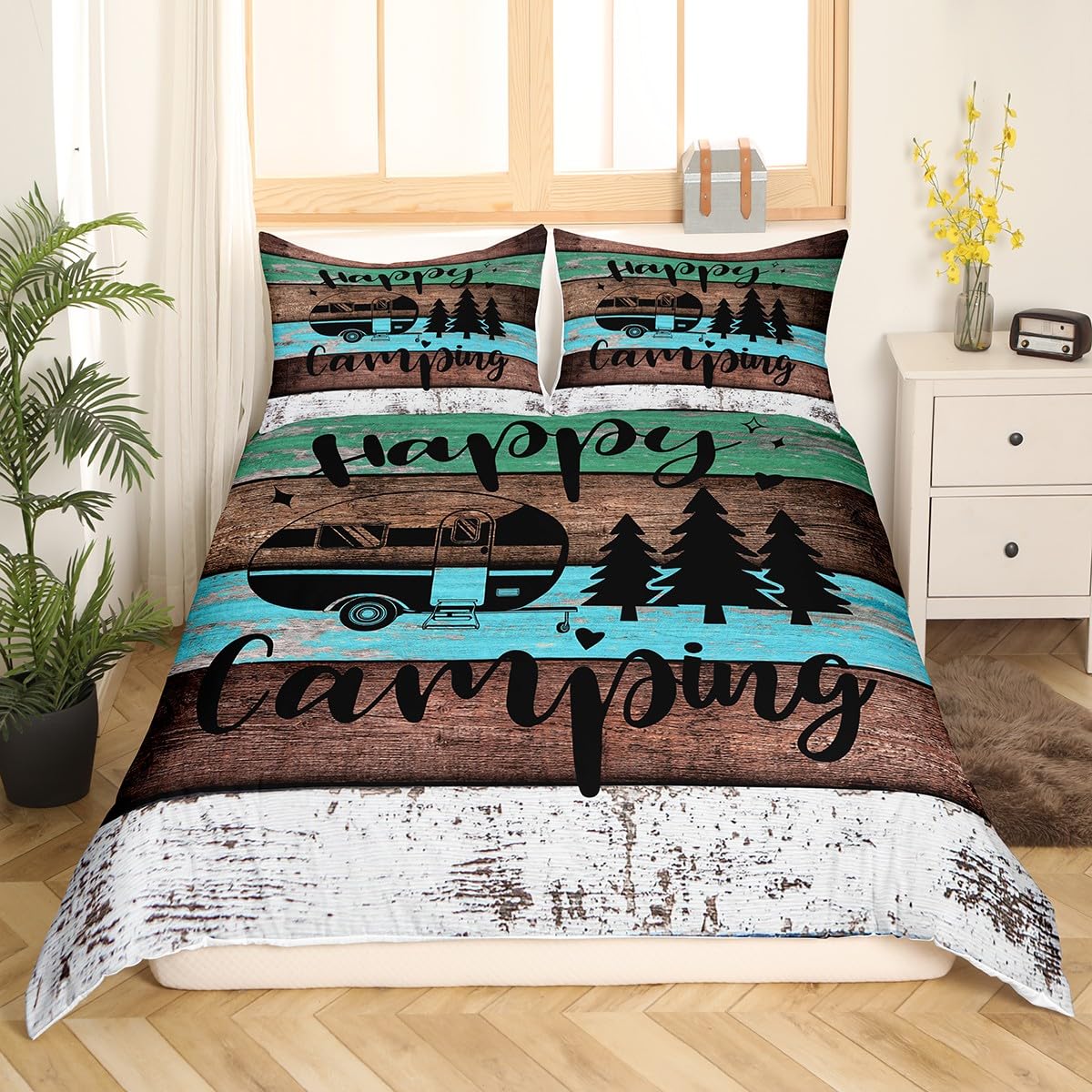 Castle Fairy Happy Camping Comforter Cover,Rustic Farmhouse Style Duvet Cover for Girls Teens Bedroom Gifts,Cartoon Camper Theme Comforter Cover Decorative with 2 Pillowcases, Full Size(No Comforter)