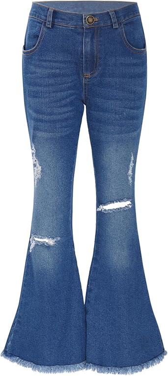 Kids Girls High Waist Distressed Bell Bottom Stretchy Denim Pants Ripped Flared Jeans Trousers Casual Pants