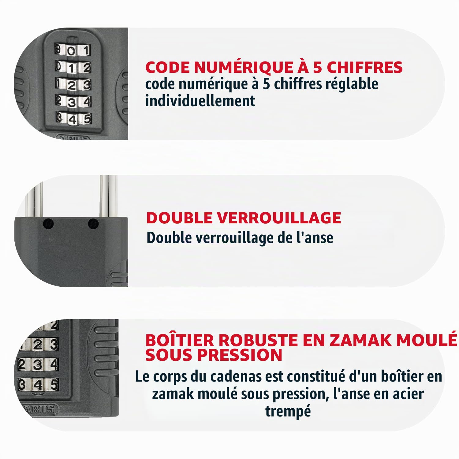 ABUS Cadenas à combinaison 158/65 - Cadenas avec boîtier en fonte de zinc - avec code numérique réglable individuellement - niveau de sécurité 8 - gris foncé