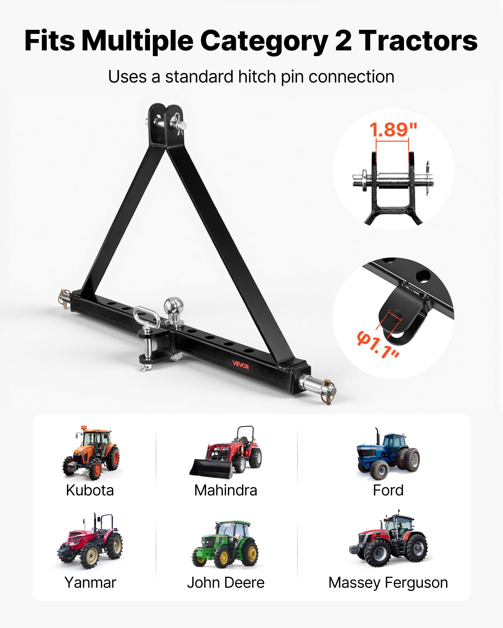VEVOR Enganche de Remolque de 3 Puntos, Adaptador de Acoplamiento con Enganche de Cabeza Esférica, Compatible con Tractores de Categoría 2 de Kubota Mahindra Ford Yanmar John Deere Massey Ferguson