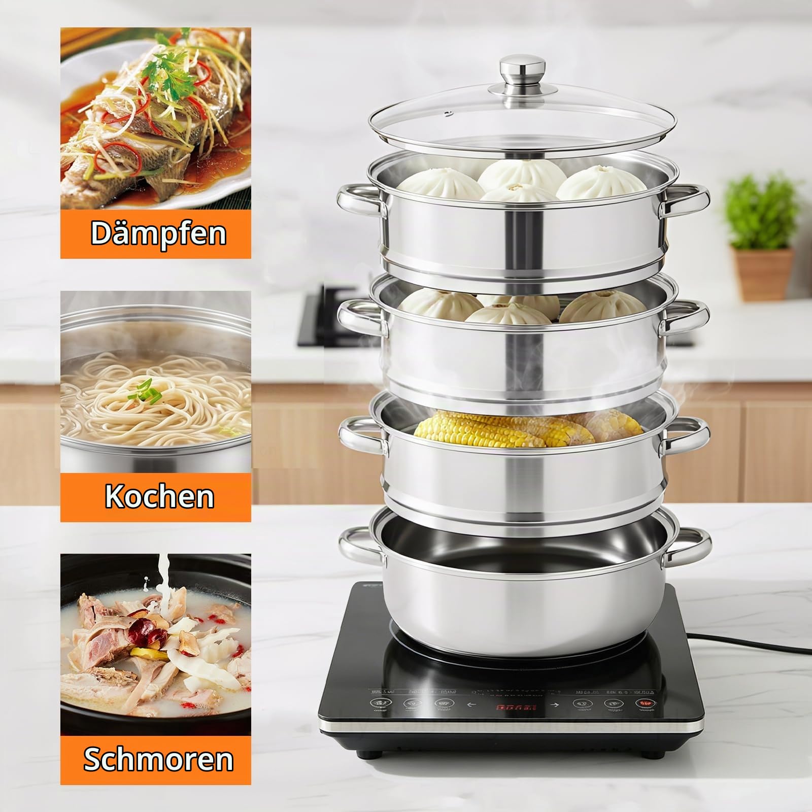 Dampfgarer 28 cm aus Edelstahl, 3- & 4-stöckiger Dampfgarer Topf mit Glasdeckel, Stapelbarer Dampfkochtopf für Gemüse, Fisch, Pasta & Suppen, für Induktion & Gas (4-Etagen)