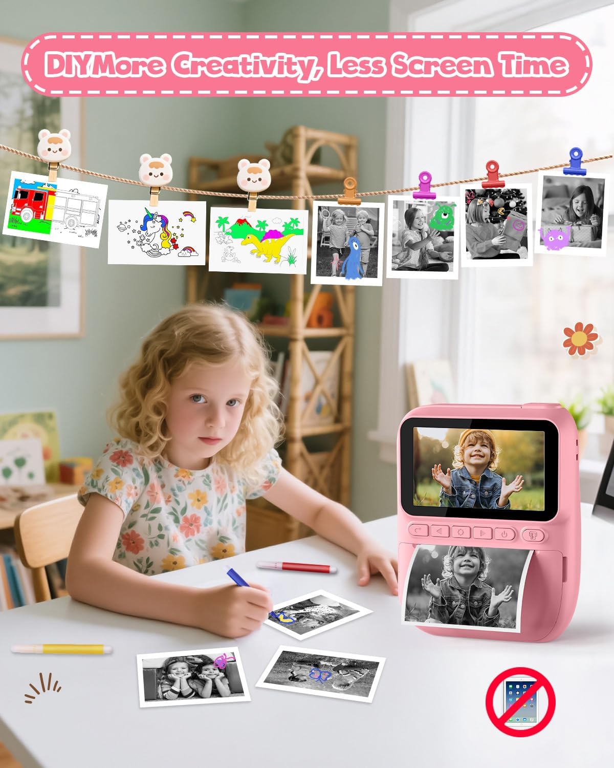Kids Instant Print Camera, 3.0-inch HD Screen 32MP Photo Instant Digital Camera Christmas Birthday Gifts Toys for Children Girls Boys Age 3-12 - Pink