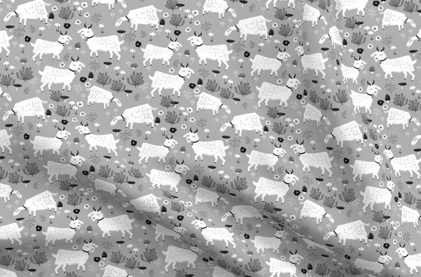 Spoonflower Fabric - Goats Gray Farm Animal Black White Neutral Monochrome Animals Cute Printed on Organic Cotton Sateen Fabric by The Yard - Sewing Quilting Apparel Home Decor