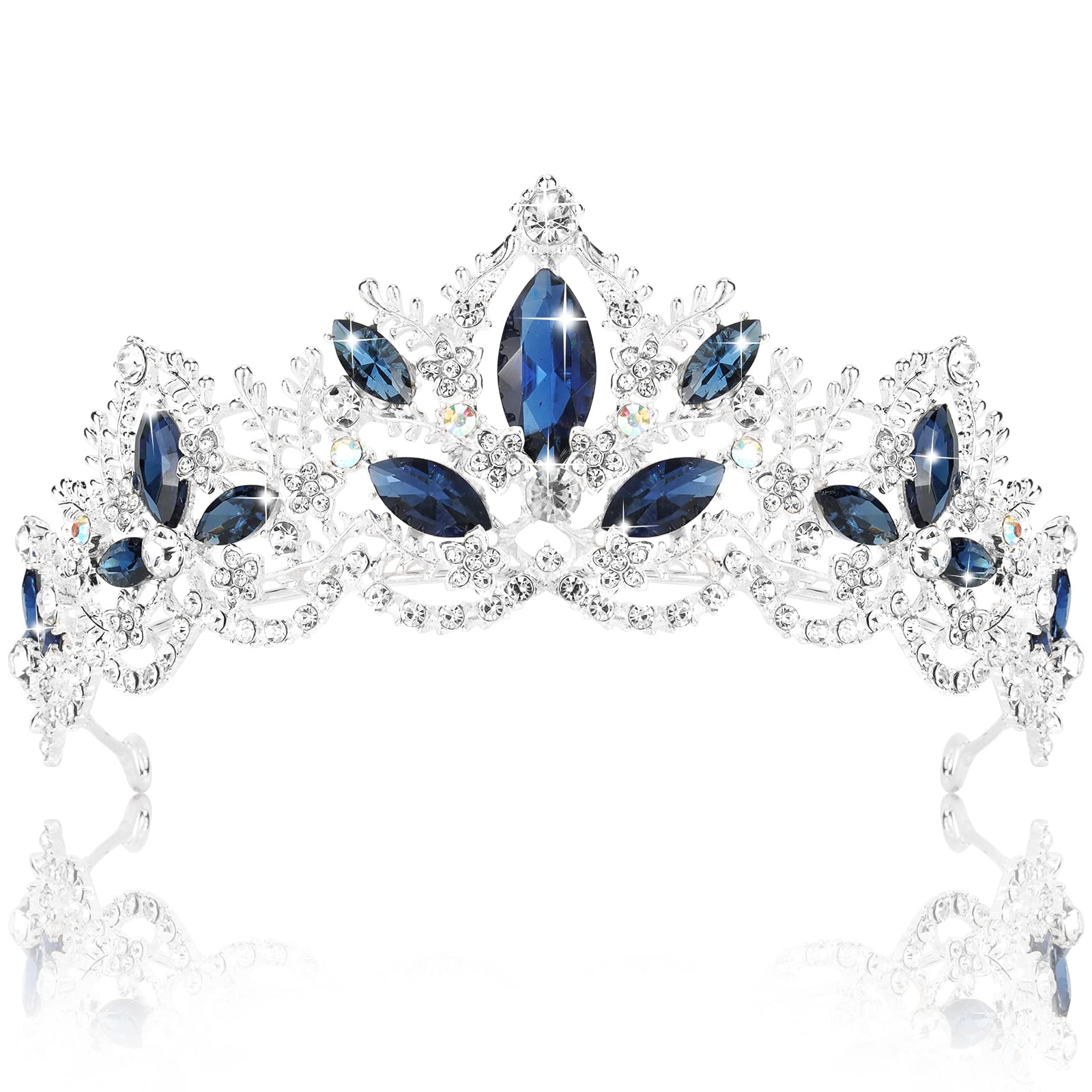 Exacoo Silver Tiara for Women Sapphire Crown for Girls Wedding Princess Birthday Crystal Rhinestones Headbands for Prom Bridal Party Halloween Costume