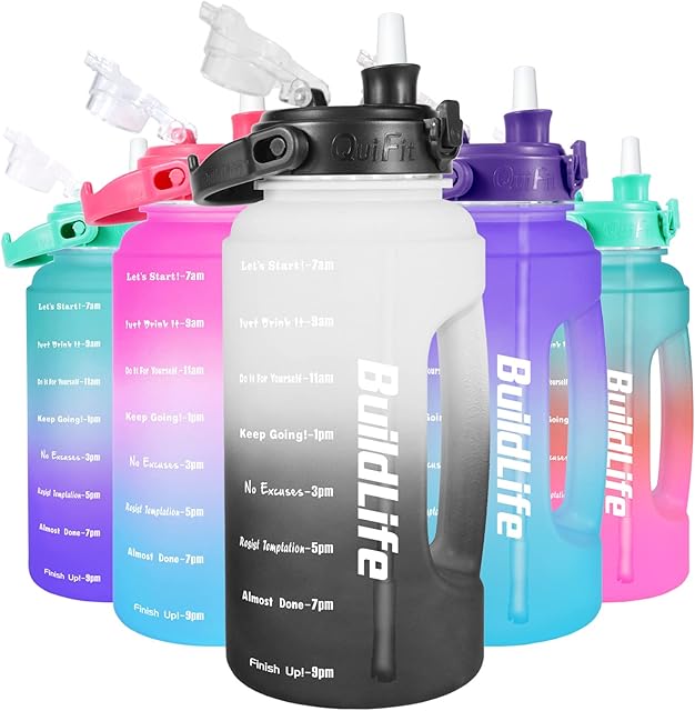 BuildLife 2.2 Litre Water Bottle - Removable Straw & Motivational Time Markings BPA Free Leakproof Resuable Large Sports Drinks Half Gallon Water Jug for Gym Travel Office(2.2 Litre, Gray Black)