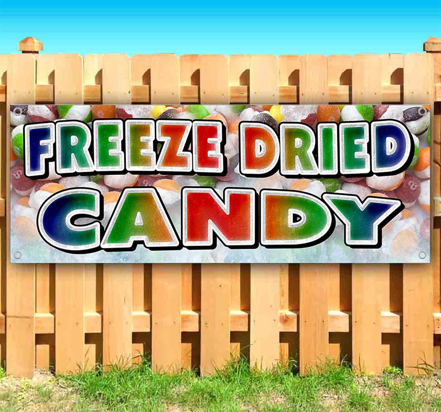 Freeze Dried Candy Banner 13 oz | Non-Fabric | Heavy-Duty Vinyl Single-Sided With Metal Grommets | Fair Food, Treat, Sweets, Snack, Carnival