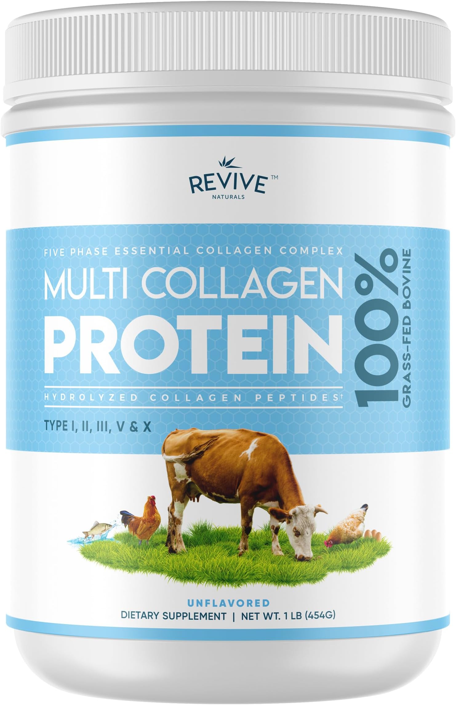 Multi Collagen Powder (14.1 oz) - Type I, II, III, V & X - Hydrolyzed Grass-Fed Bovine, Fish, Free-Range Chicken and Eggshell Collagen Multi Collagen Unflavored
