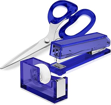 Office Goods - Blue Office Supplies Set - Acrylic Tape Dispenser, Acrylic Stapler, and 9 Stainless Steel Acrylic Scissors, for Office Desk, School, or Crafts