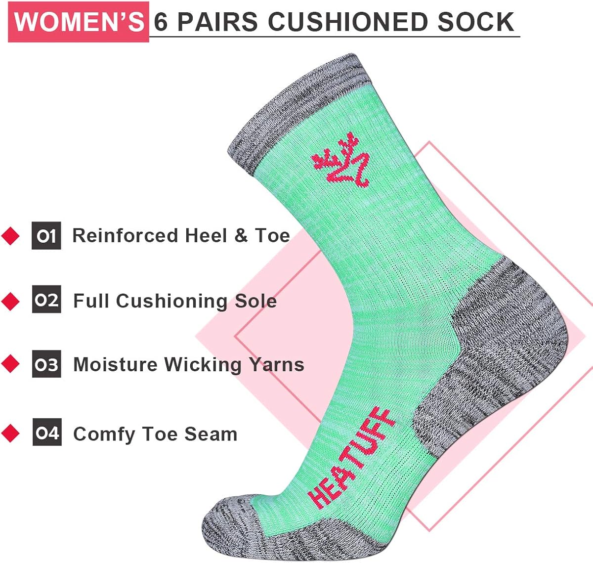 Heatuff Womens 6 Pack Hiking Crew Socks Performance Athletic Cushion Outdoor Trekking Sock : Sports & Outdoors