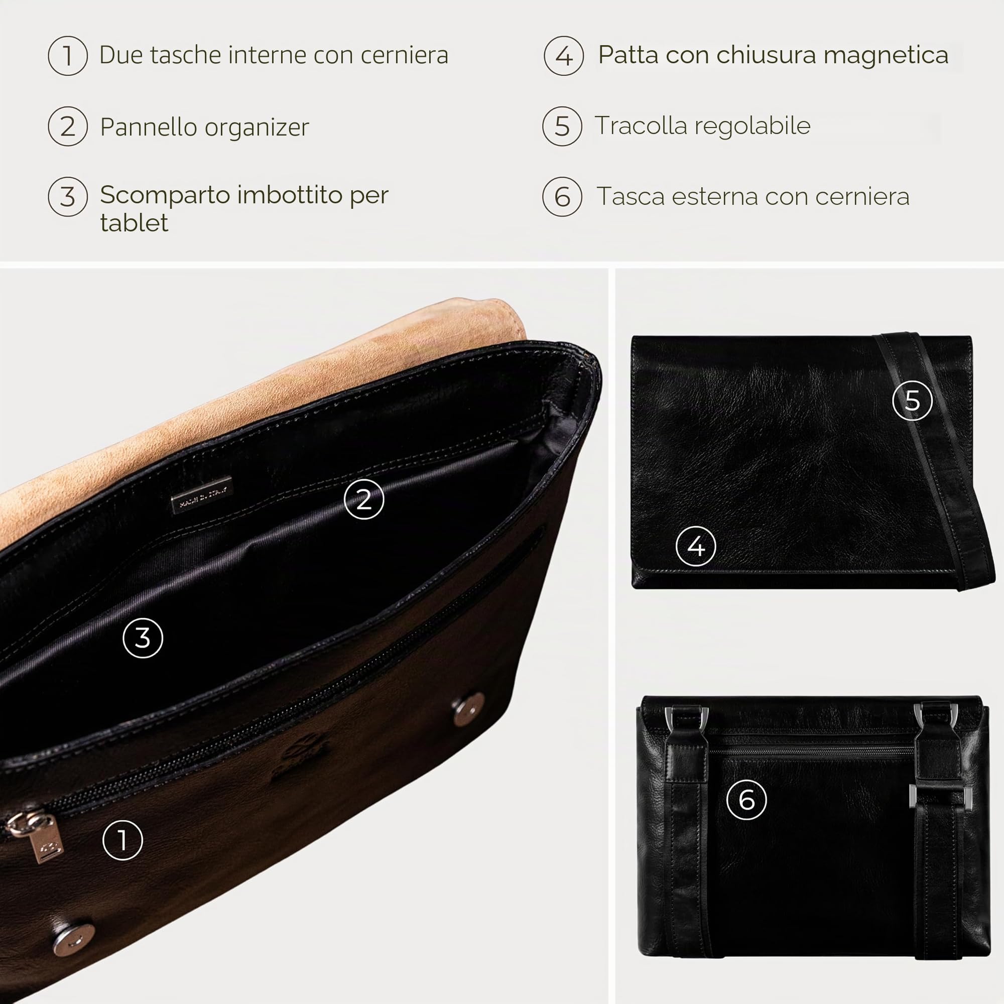 Time Resistance Borsa Messenger - Borsa a Tracolla in Pelle con Tracolla Regolabile