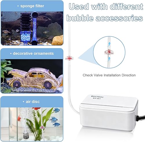 Miniatura 5 de Boxtech Bomba de aire para acuario ultra silenciosa, ahorro de energía de 2 W, bomba de oxígeno de bajo ruido para tanques de agua dulce y salada de