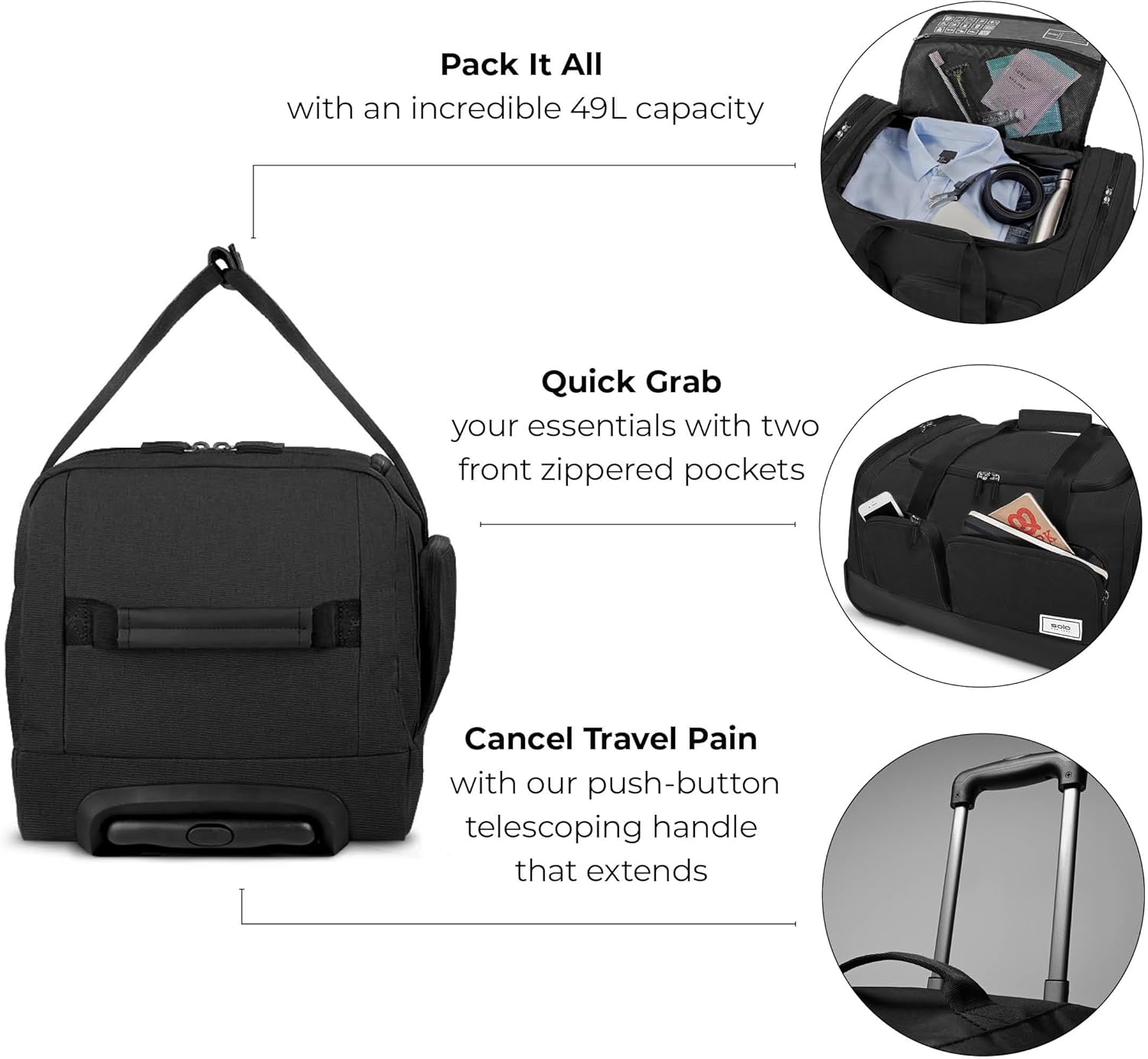 Solo New York Leroy Carry-On Wheeled Duffle Bag, 49L Capacity, Black - Made from Recycled Materials, 22 Inch