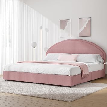 REVOMINCA King Size Bed Frame, Boucle Upholstered Platform Bed with Headboard, Soft Bed Frame with Round Conner, No Box Spring Required, Easy Assembly, Pink
