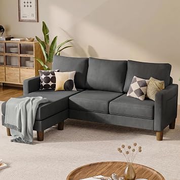 L Shape Sectional Sofa Couch, 3 Seat Convertible Sofa with Movable Ottoman and Side Storage Pockage, Modern Sofa Small Couches for Living Room & Apartment and Small Space Neutral Grey, Linen