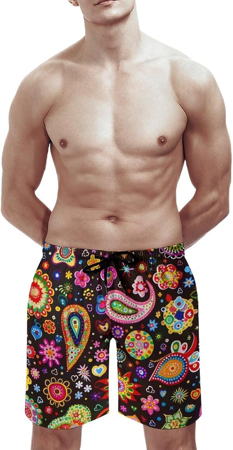 Paisley Flowers Casual Men's Swim Trunks Novelty Summer Beach Shorts Swimwear with Pocket