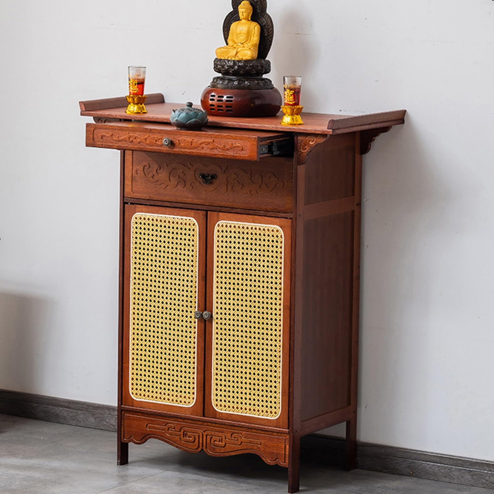Mesa de puja para santuarios domésticos con nicho de Buda y cajones de almacenaje