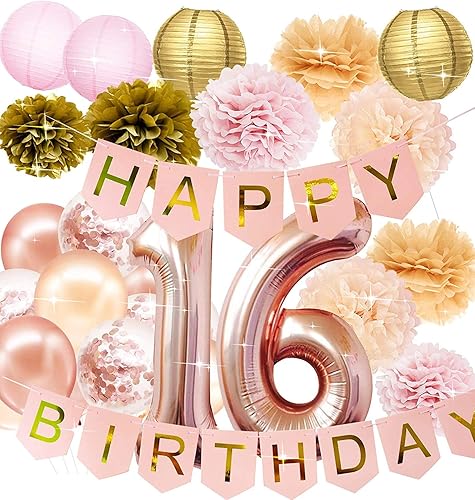 Decoraciones de fiesta de cumpleaños de 16 años para niñasoro rosaoro rosa, globos de confeti de oro rosa con 16 globos para fiesta de cumpleaños de