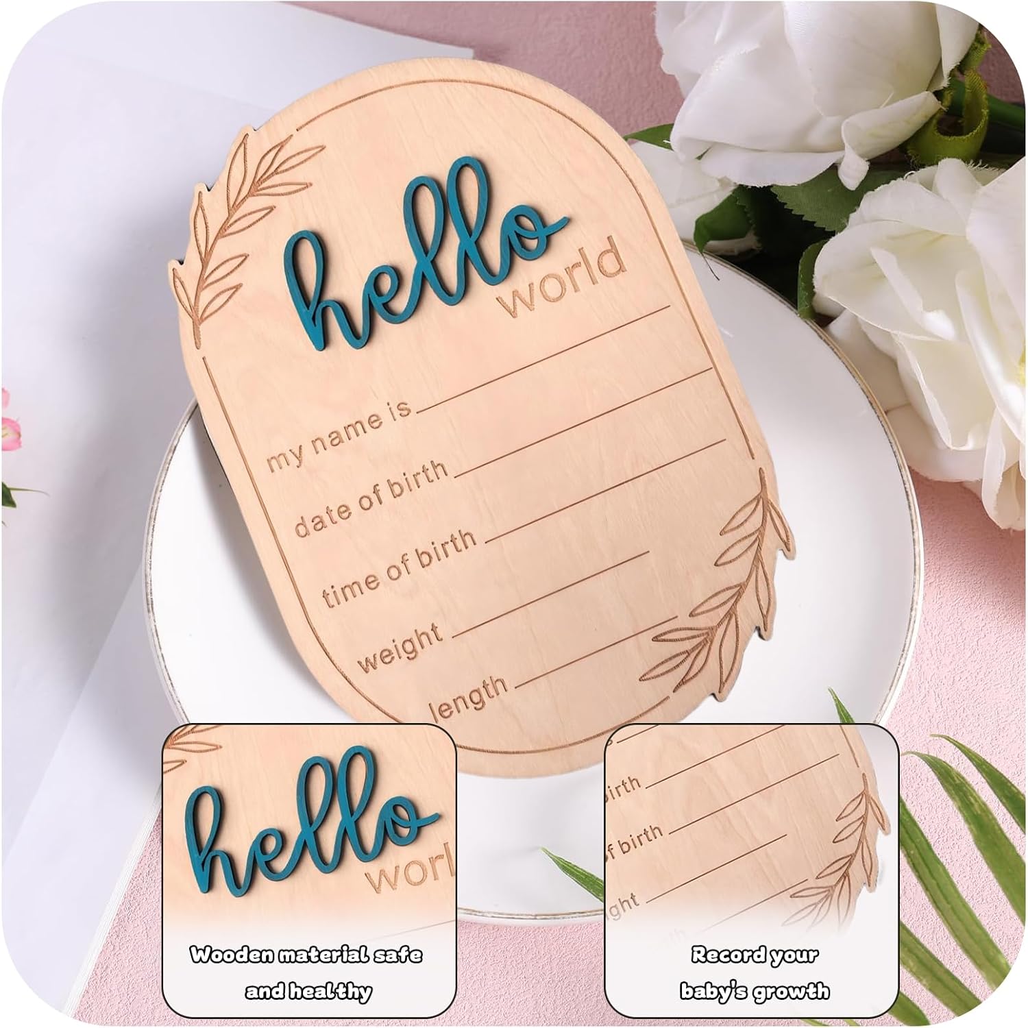 Baby Announcement Sign, 5.91x4.13 Inch Hello World Newborn Sign, Baby Announcement, Hello World Plaque, Newborn Name for Hospital, Ear of Wheat Personalized Name Plaque (Blue) image 3