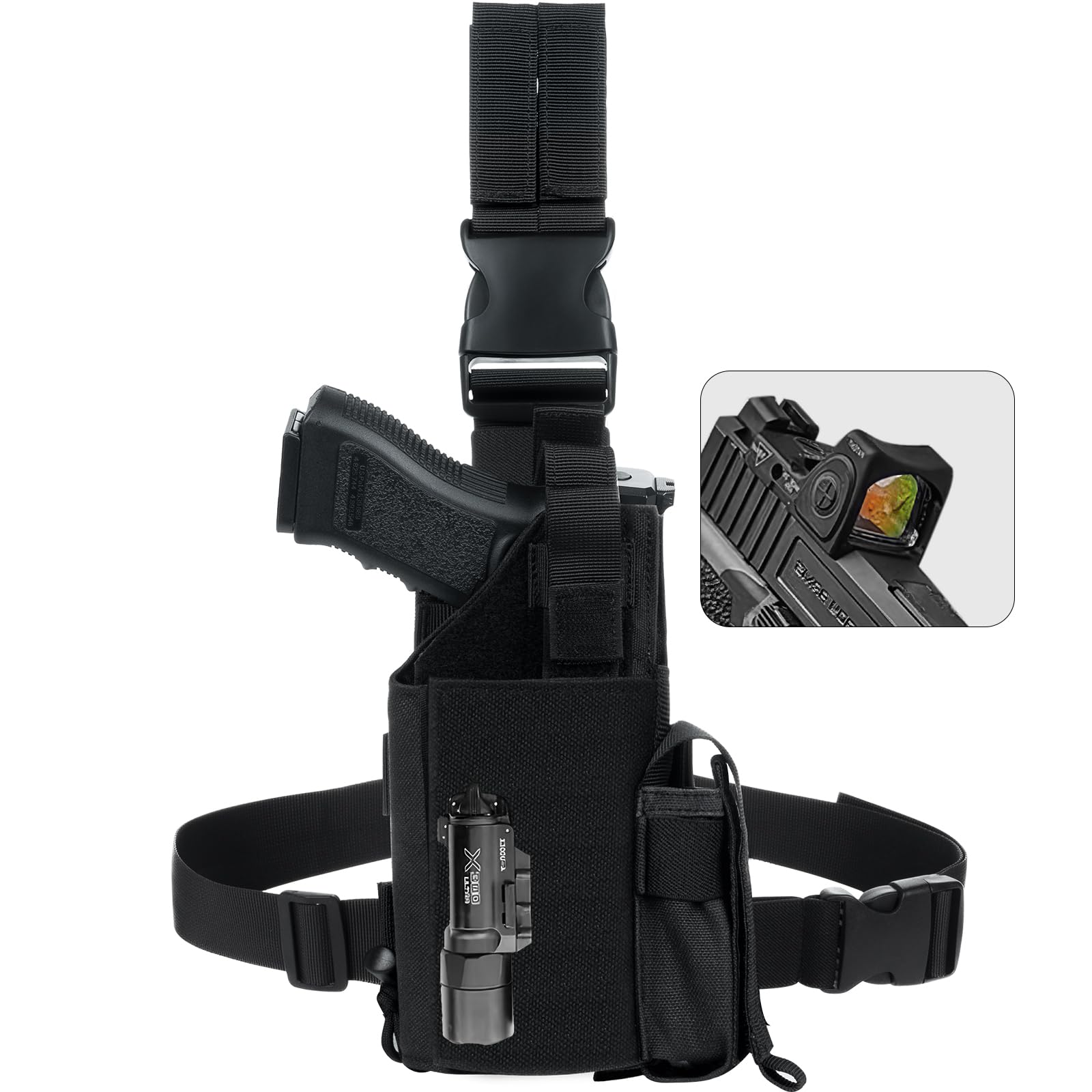 FEIWOOD GEAR Drop Leg Pistol Holster, FWG Pistol Holster with MOLLE Drop Leg Panel Fit All Full/Compact & Sub-Compact Size Pistols with Lights and Scope