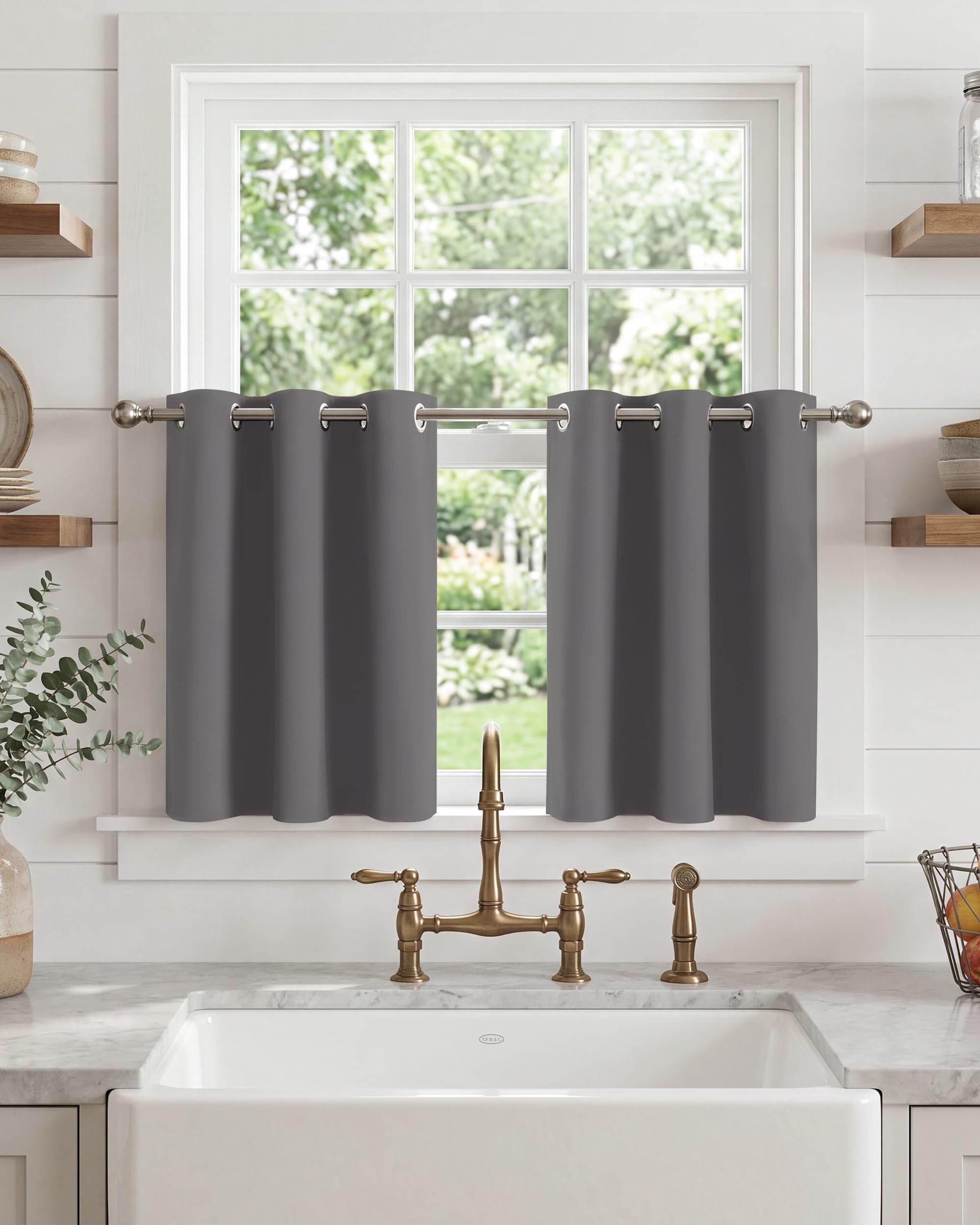 PONY DANCE Short Eyelet Blackout Curtains Grey, Thermal Insulated Room Darkening Drapes for Living Room & Home Office, Essential Energy Saving Privacy Set, 2 Panels W34 xL40 โ image 1