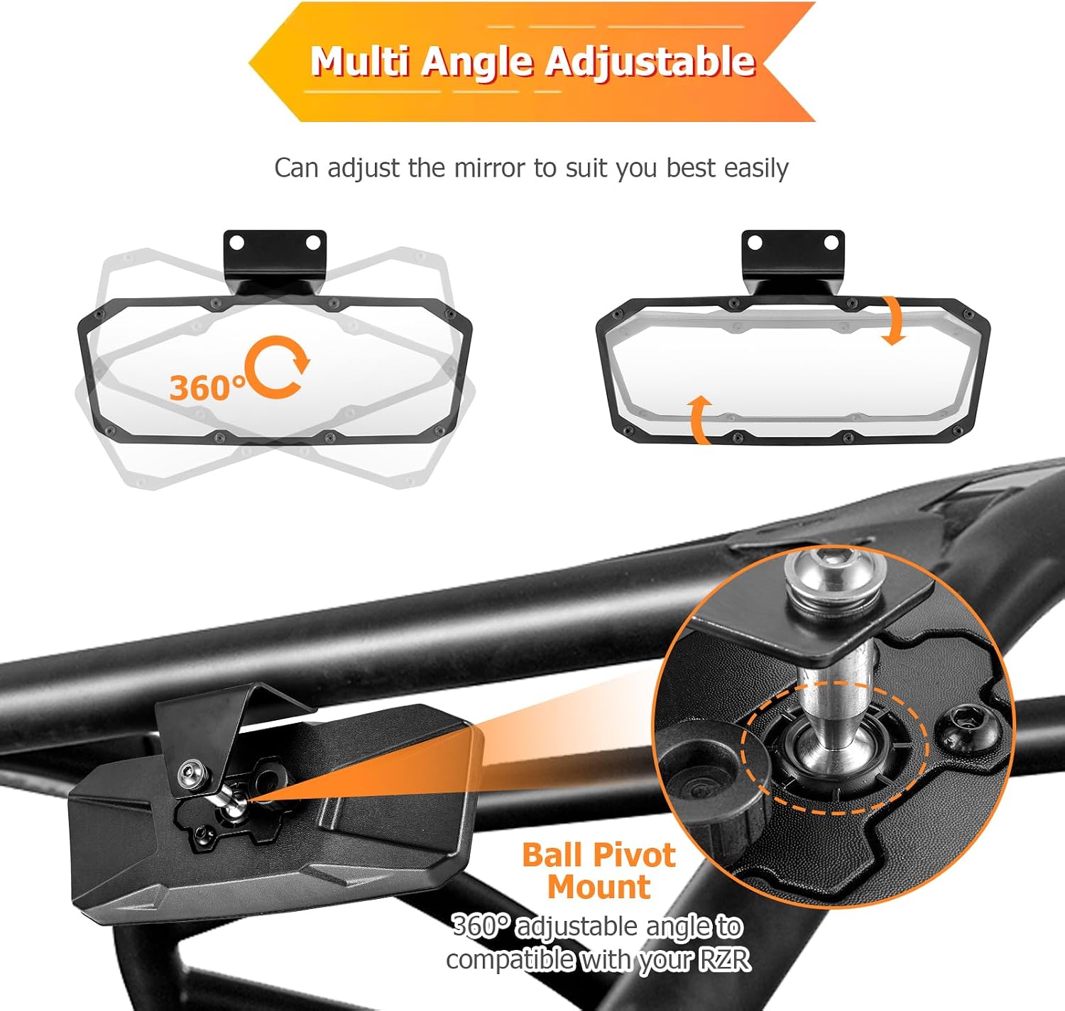 WeiSen 10.5"*3.75" Center Rear View Mirror, 360° Super Wide Angle Convex Mirror Compatible with Polaris RZR PRO XP 4 Turbo R 4 Trail S 2020-2025