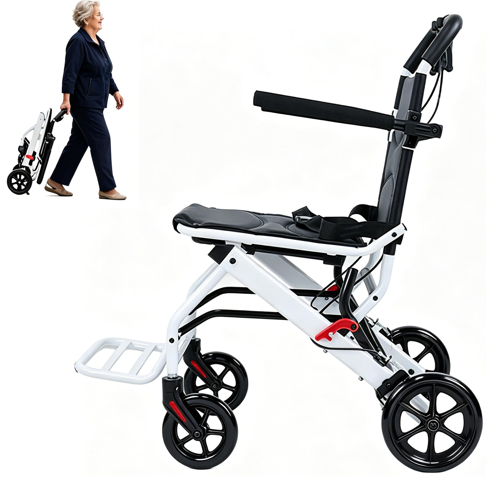 Transport Wheelchair Lightweight Foldable(13.66lbs), Aluminum Transport Chair, Portable Wheelchairs with 16 Inches Seat Width, 8" Rear Tires, Handbrake