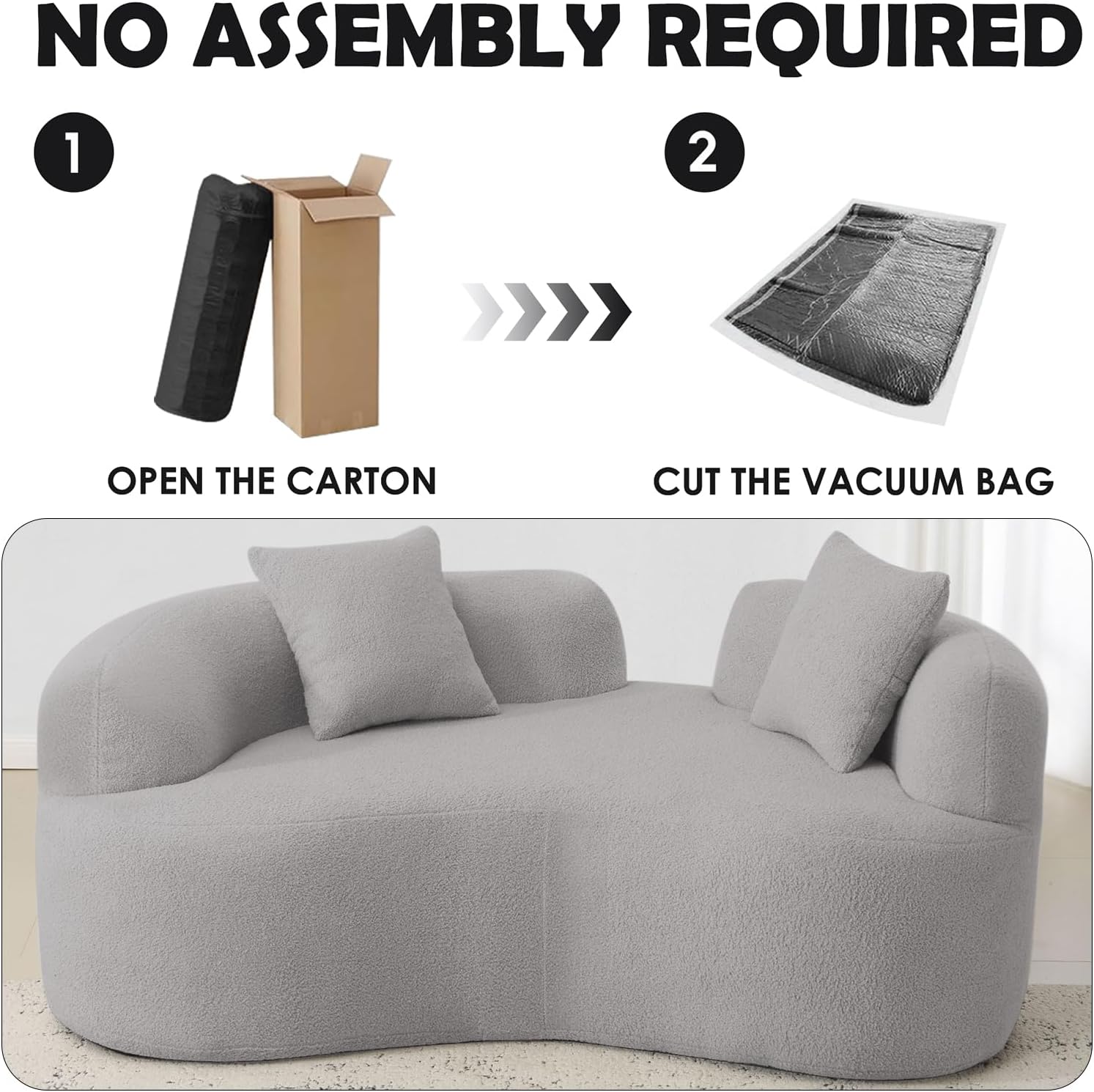 Curved loveseat, Wide seat deep Living Room Sofa, Modern Boneless Couch, Luxurious Teddy Cloth Sofa, Suitable for Small and Medium-Sized Family Cloud Sofas, no Assembly Required (Grey)