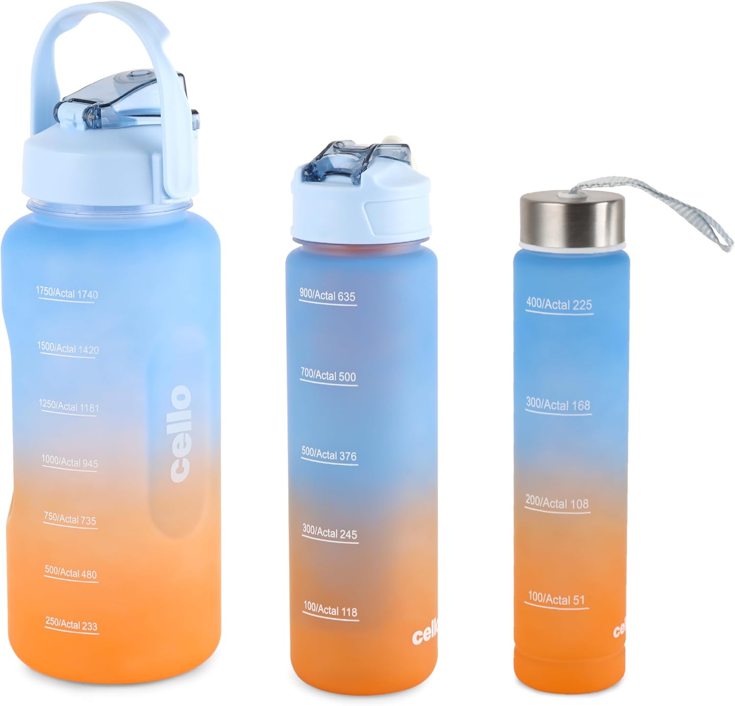 CELLO All Day Plastic water bottles | 3 pcs | 310ml, 790ml, 2085ml | BPA Free | Leakproof lid | Easy to hold handle | Time Marked Water Lines | Hydration bottle for gym, school, & office | Sea Green