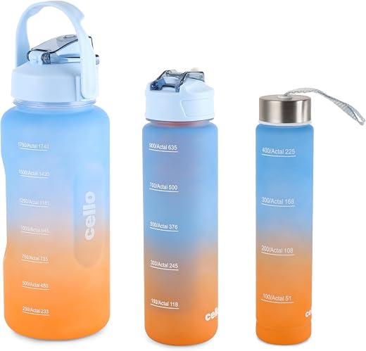 CELLO All Day Set of 3 Pieces Water Bottles Daily Use, Sky Blue (310ml, 790ml, 2085ml) | BPA Free Leakproof Lightweight Ea...