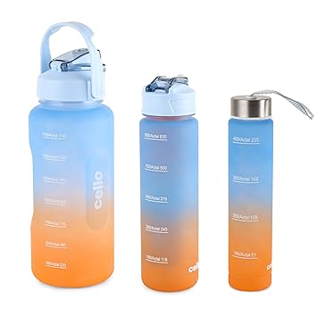 CELLO All Day Large Water Bottle, Sky Blue | Set of 3 (310ml, 790ml, 2085ml) | Leakproof, Easy to Carry, Lightweight | Gym Workout Water Bottle For Fitness, Office, School, Sports & Outdoor Hydration - image, photos