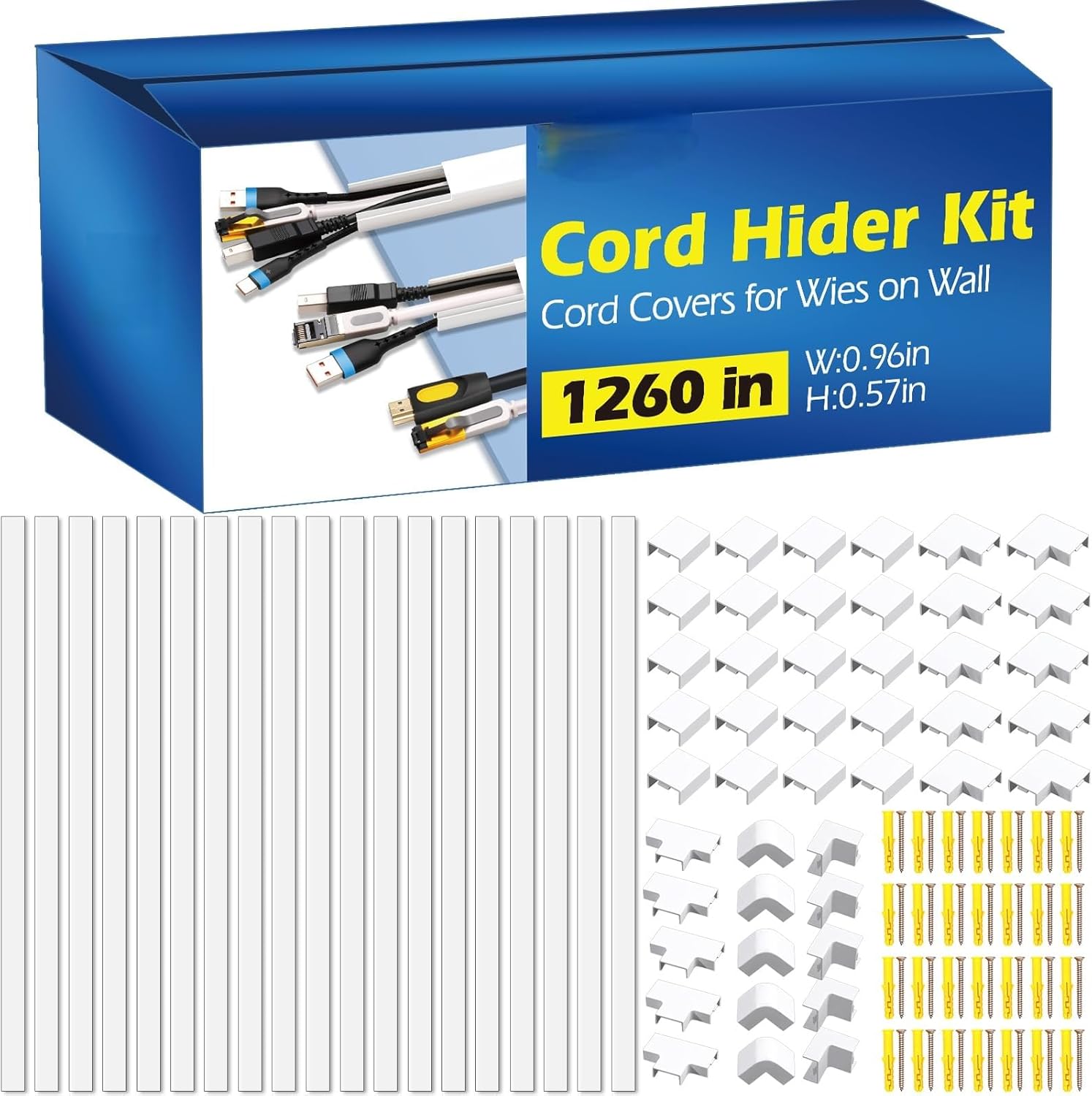 1260in Cord Hider Kit, Cord Covers for Wires on Wall, Paintable Cable Raceway, Cord Hider for Wall Mount tv, tv Cable Hider Wall kit, Wire Covers for Cords, 80X L15.75 X W0.96in X H0.57in, White