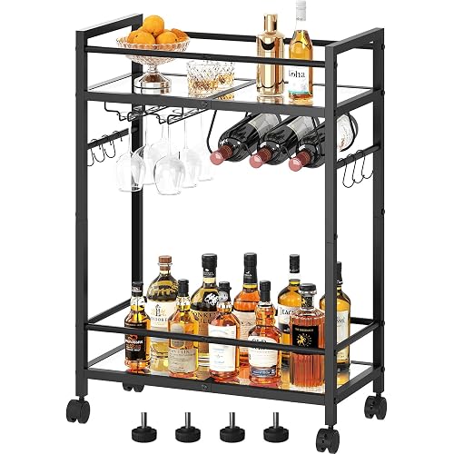 Bar Cart with Wine Rack, Serving Cart for Home, Microwave Cart, Drink Cart, Mobile Kitchen Shelf with Glass Holder, Rolling Beverage Cart for Dining Room (Black)