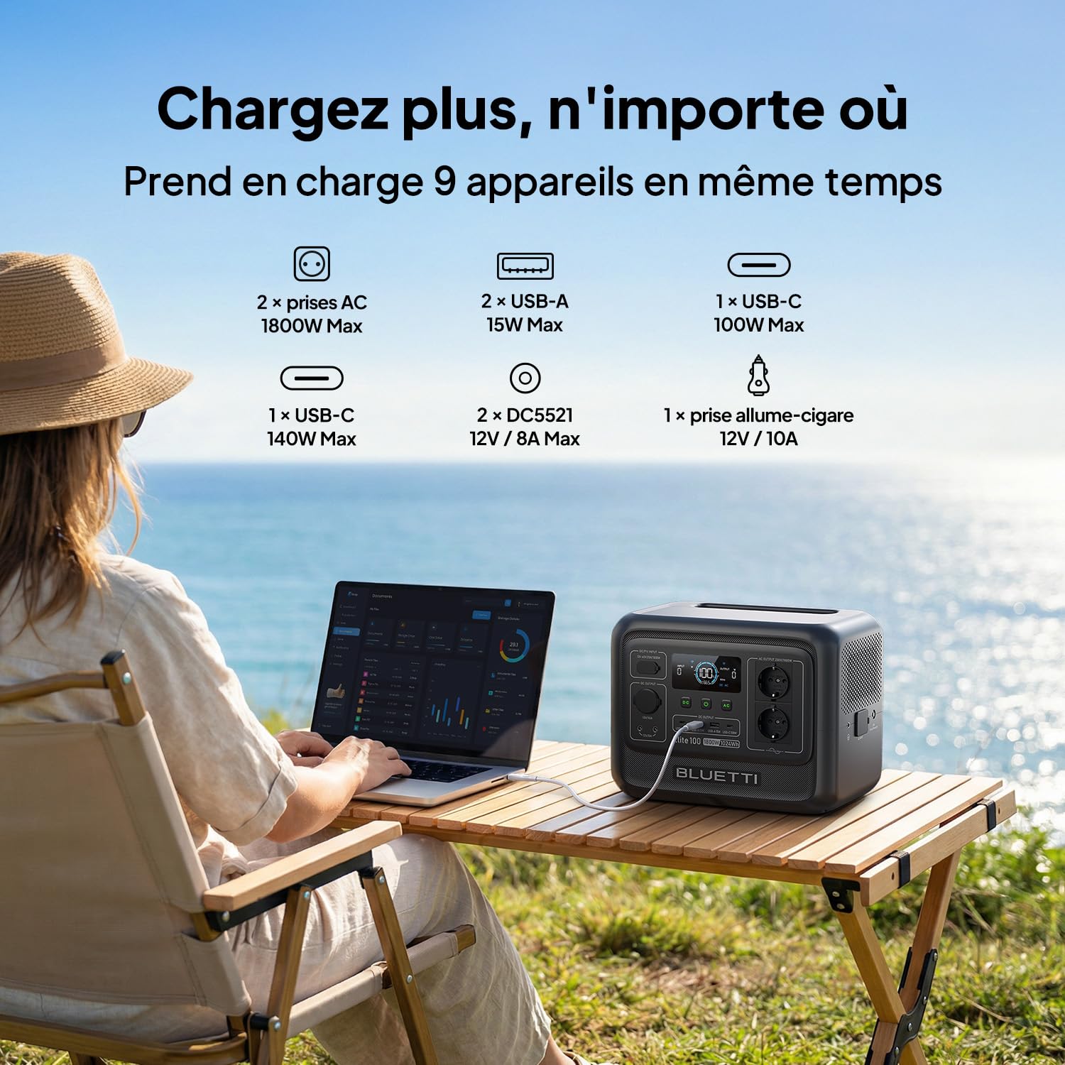 BLUETTI Générateur Électrique Portable Elite 100 V2 Avec Panneau Solaire 100W Inclus Station d'Énergie Portable 1024Wh Avec 4 Prises CA 1800W, 35% Plus Compacte, Idéale Pour Camping, Urgences