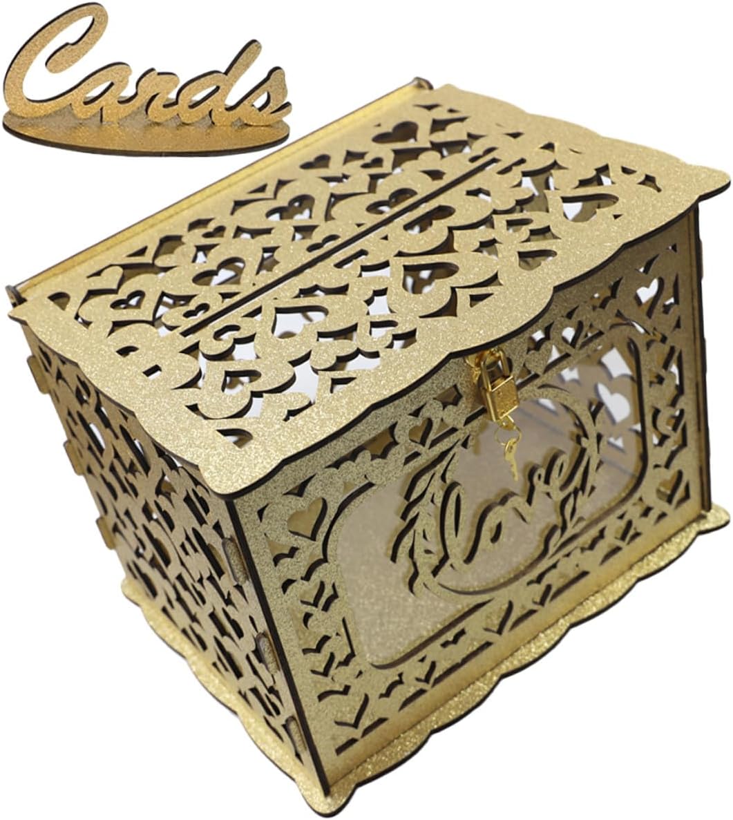Uonlytech Wood Card Holder Hollow Design Lock Wedding Greeting Card Box Reception Birthday Graduation Events