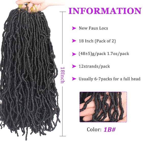 ZRQ 18 Inch Faux Locs Crochet Hair 2 Packs Natural Black Pre-Looped Curly Wavy Goddess Soft Locs Synthetic Hair Extensions for Women (18 Inch, 1B#)