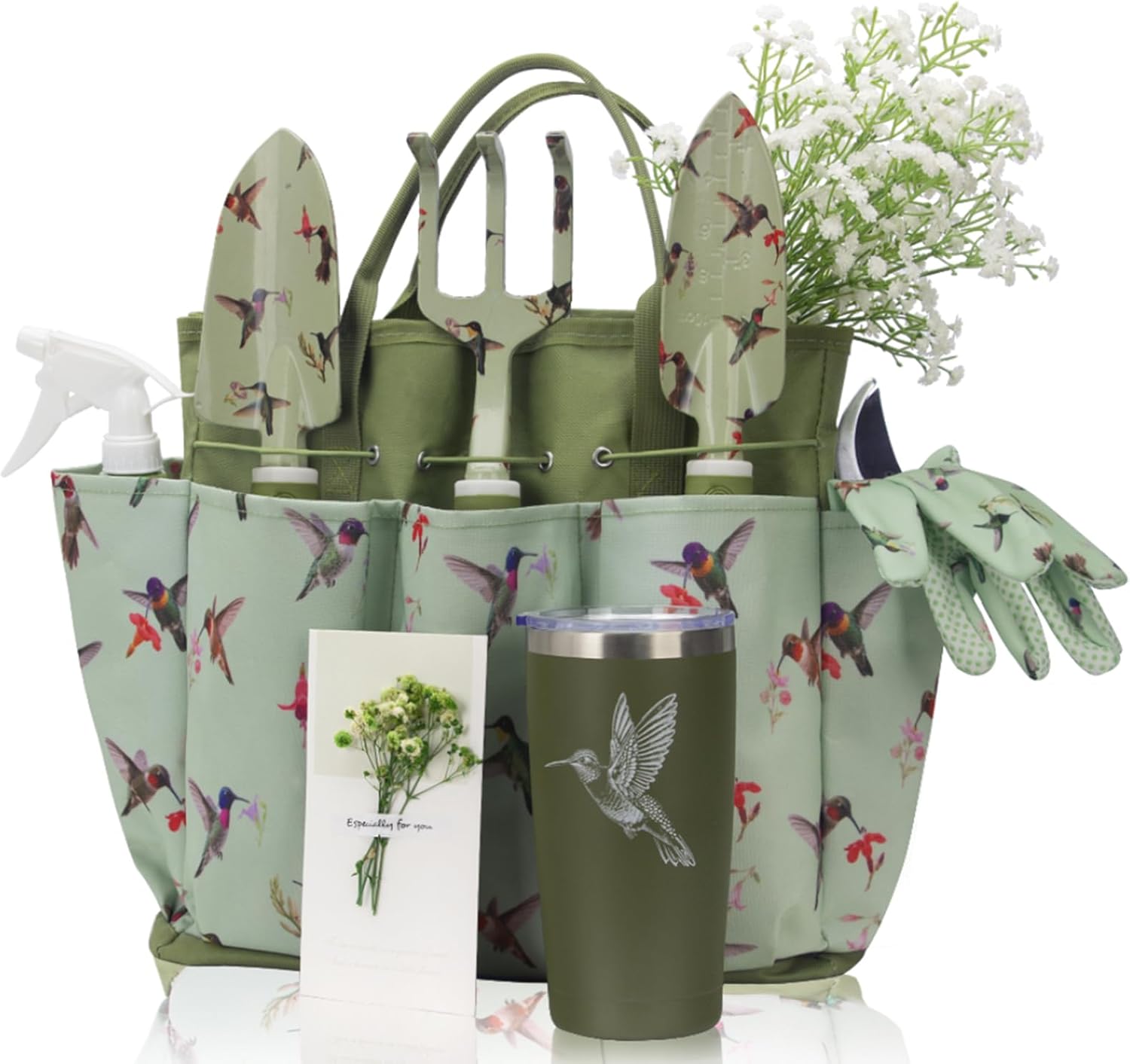Garden Tool Set with Hummingbird Print, Heavy Duty Gardening Hand Tools with Garden Tool Bag,Gardening Gifts for Women&Men,Green