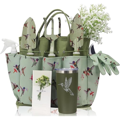 Garden Tool Set with Hummingbird Print, Heavy Duty Gardening Hand Tools with Garden Tool Bag,Gardening Gifts for Women&Men,Green