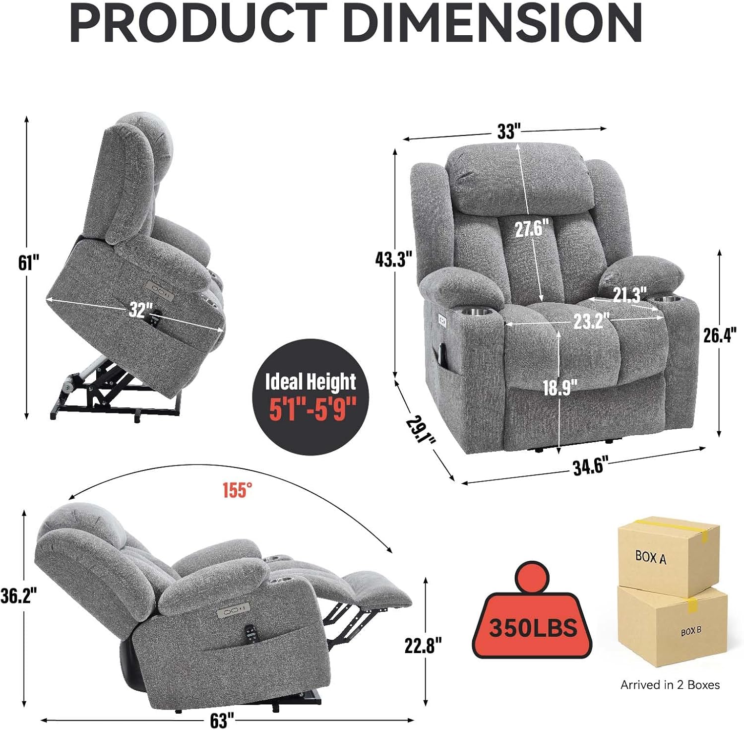 Large Power Lift Recliner Chairs with Massage and Heat for Elderly, Heavy Duty Safety Motion Reclining Mechanism Chenille Skid Fabric Recliner Chair with USB&Type-C Ports and Cup Holders (Light Grey)