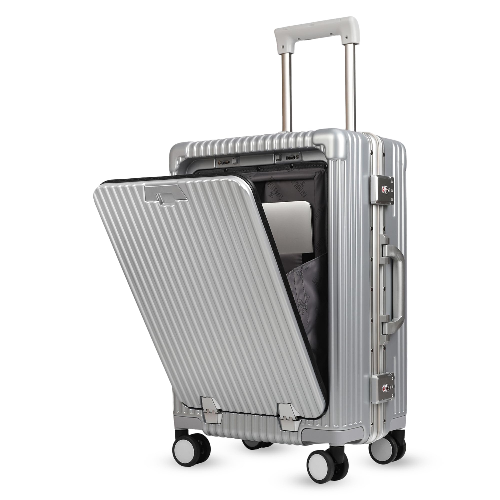 Ambassador Series Carry-On Luggage Polycarbonate Hard Case Suitcase Eight Spinner Wheel Trolley Bag with TSA Lock, USB, Mobile Holder, Cup Holder- Aluminium Silver (56 cm-22 inch)-image-8