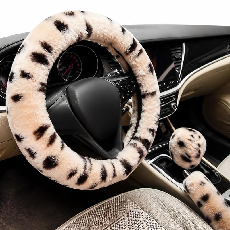 Kit de Capas para Volante, Freio de Mão e Câmbio em Lã Sintética IXITON KhakiLeopardDot para Carros e SUVs, Manual, 3 peças